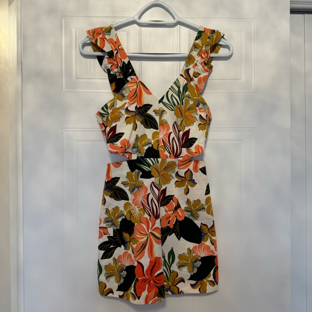 Zara Floral V-Neck Romper in Cream with Orange, Mustard & Black